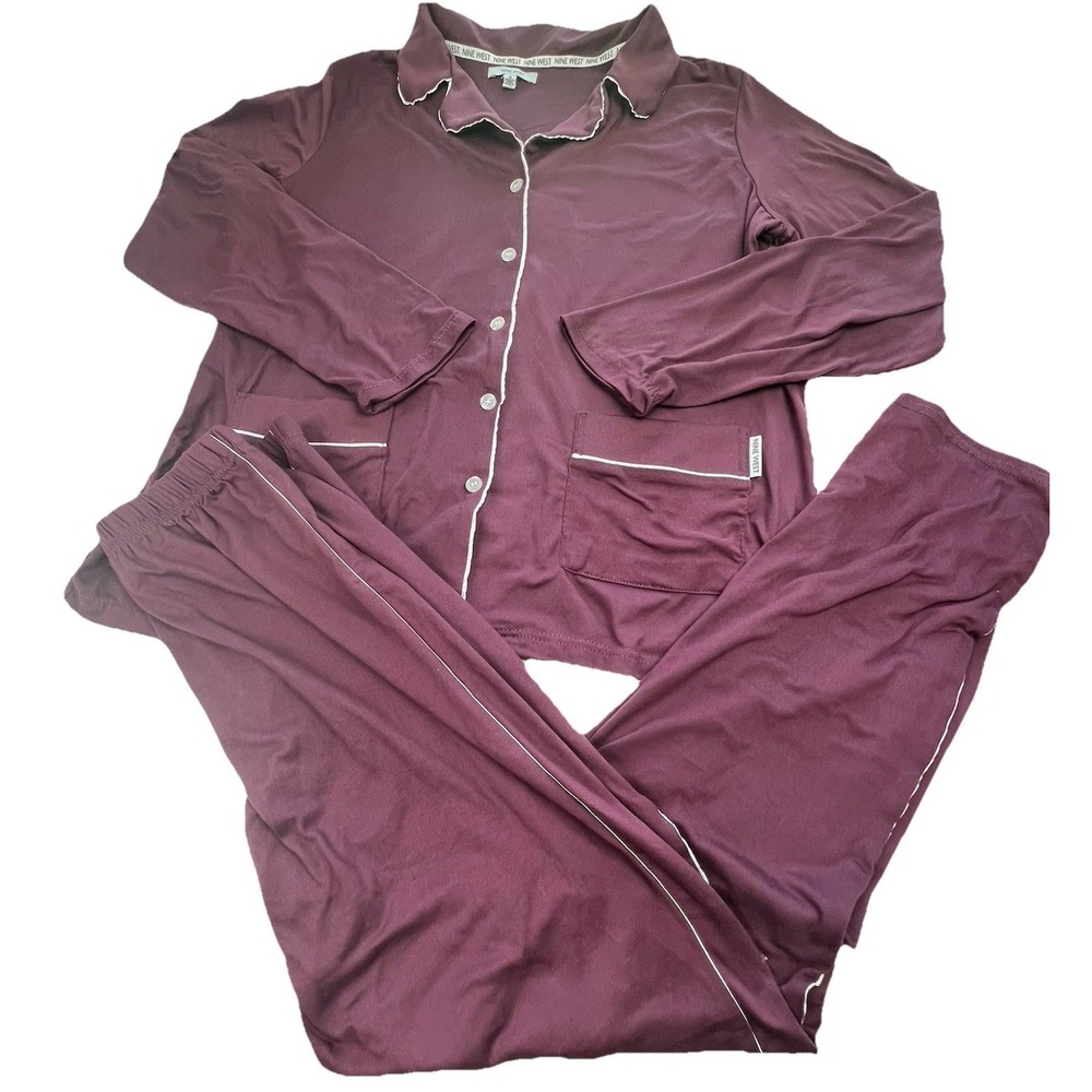 Nine West Ladies PJ Set Size Med Wine Button Up Top Elastic Waist Bottom